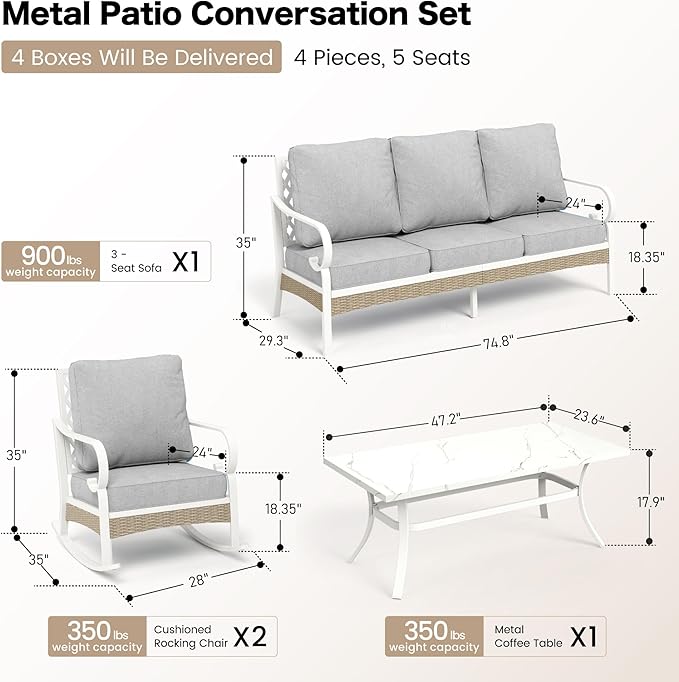SUNSHINE VALLEY 4 PCS Metal Outdoor Patio Furniture Set, Patio Conversation Set 1 3-Seater Sofa, 2 Rocking Chairs with 5.75" Extra Thick Cushion and Coffee Table, White Frame Backyard Furniture, Gray