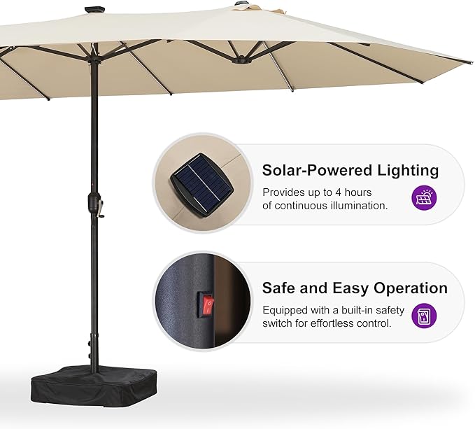 PURPLE LEAF 13ft Patio Market Umbrella with Solar LED and Base Double-Sided Rectangle Outdoor Table Sun Umbrellas with Crank for Pool Beach Deck Backyard Khaki