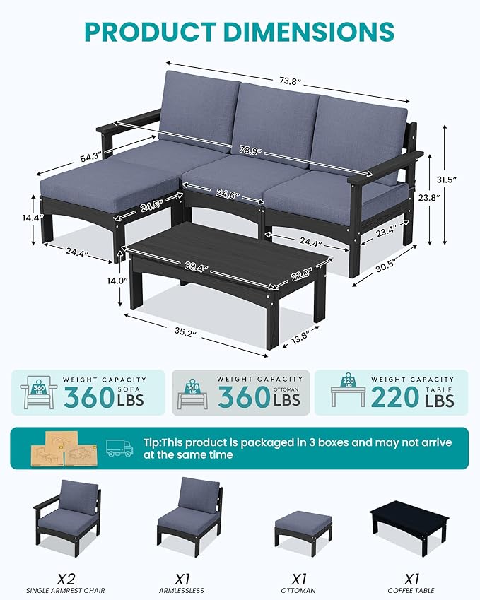 SERWALL 5-Piece Patio Sofas with 15FT Double Side Patio Umbrella, All-Weather HDPE Outdoor Sectional Sofa, Large Modular Patio Conversation Set for Garden, Deck, Porch, Black Frame with Grey Cushion