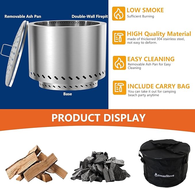 20 inch Large Firepit Outdoor, Thickened 304 Stainless Steel Firepits for Outside, Wood Burning Fire Pit with Portable Carrying Storage, Removable Ash Pan, Camping Backyard (Silver, 20 X 14.4 INCH)