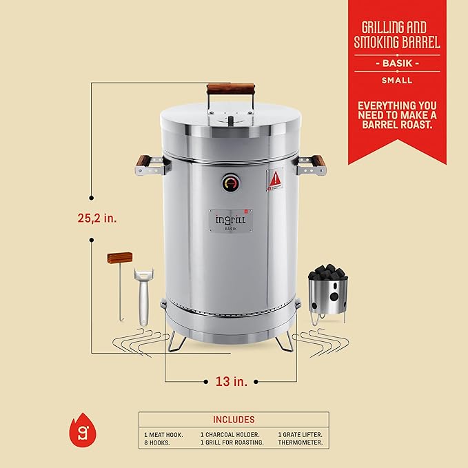3-in-1 Stainless Steel Smoker Barrel Grill – Portable Charcoal BBQ with Thermometer, 12 lbs Outdoor Cooking Smoker for Camping, Backyard & Home BBQ INGRILL