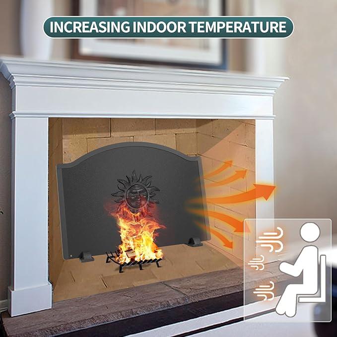 Iron Fireback with Feet - 25in Sun Fireplace Heat Reflector, Heat-Resistant Material with Decorative Design for Wall Protection