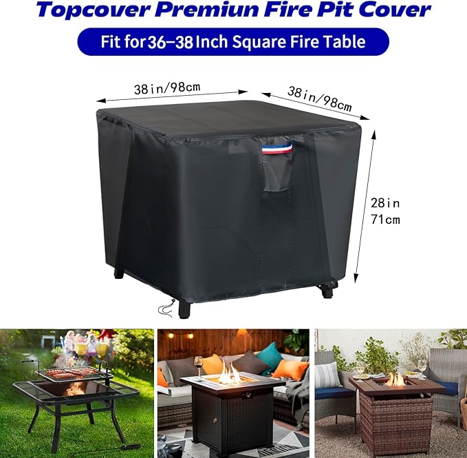 Fire Pit Cover,38 inch Square Propane Gas Outdoor Fire Table Cover,600D Waterproof and Windproof Heavy Duty Fabric Firepits Covers for Patio Table Fireplace －38"Lx38"Wx28"H,Black