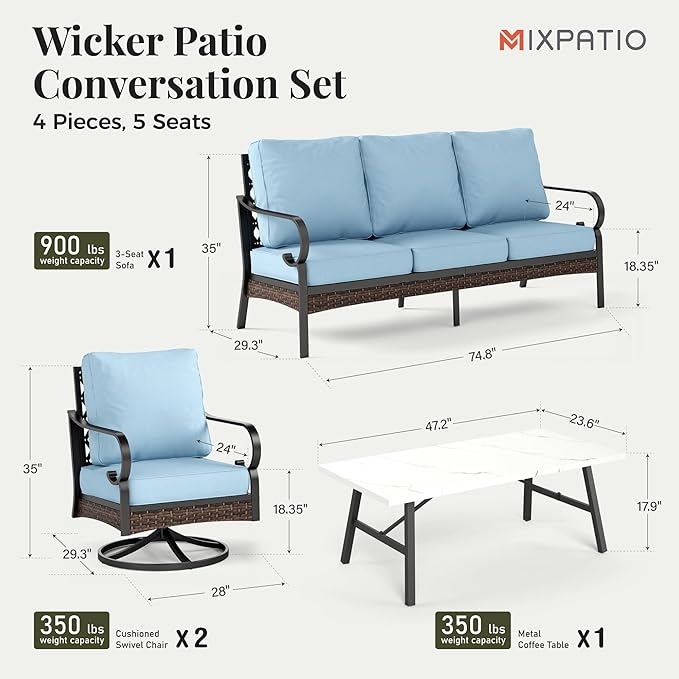 Patio Furniture Set with Coffee Table, Outdoor Conversation Set with 2 x Swivel Chairs, 1 x 3-Seat Sofa for Lawn Garden Backyard, Blue