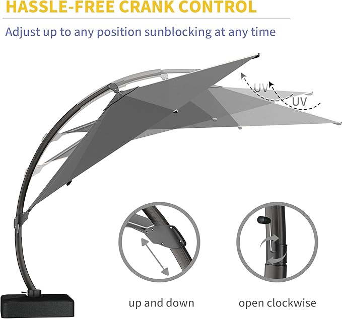 Kingdura 12ft Cantilever Patio Umbrella with Base Included, Large Round Offset Outdoor Pool Umbrella, 360° Rotation & Infinite Tilt, Heavy Duty Aluminum Frame for Deck Backyard, Grey