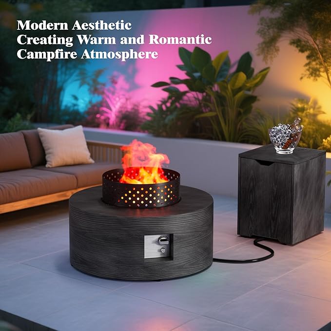 Dineli 2-Piece Outdoor Propane Fire Pit Table Set w Tank Table 30'' Round Fire Pit Table 2-in-1 Firepit Table for Outside Patio Gas Fire Pit, 50,000 BTU, Dark Gray with Wood Grain