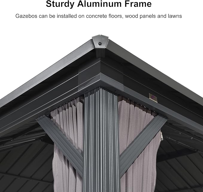 PURPLE LEAF 10'x14' Hardtop Gazebo with Lights Wind-Resistant Galvanized Steel Dual-Layer Double Roof Outdoor Patio Pavilion Including Netting and Privacy Curtains for Lawn Garden Backyard Grey