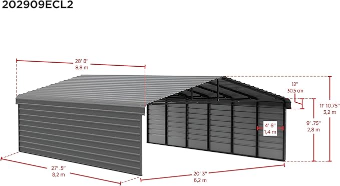 Arrow Carports Galvanized Steel Carport, with 2-Sided Enclosure, Compact Car Metal Carport Kit, 20' x 29' x 9', Charcoal