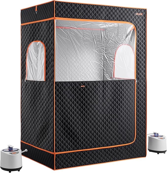 VEVOR Upgraded Portable Steam Sauna for Home, 2 Person Full Body Home Spa Tent with Steamer & 2 Foldable Chairs & Remote & 2 Essential Oil Boxes,Heavy-Duty Stainless Steel Frame Sauna Box, (Black)