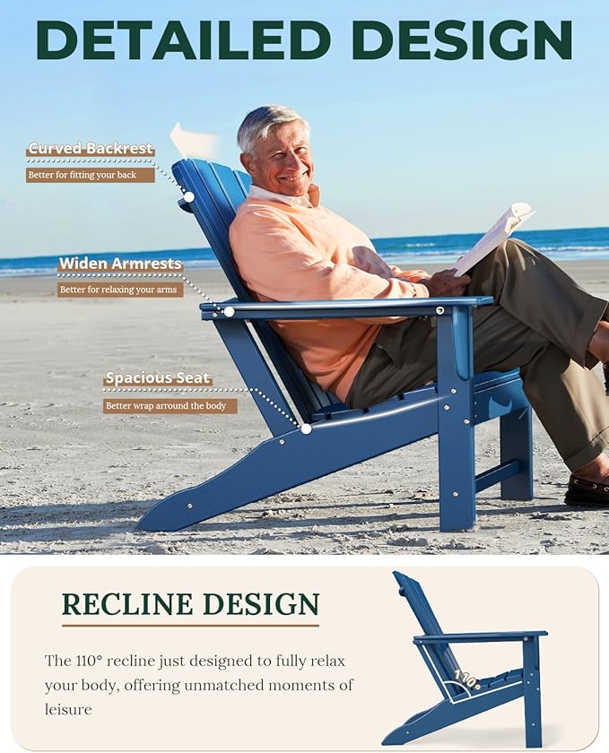 BRIOPAWS Adirondack-Chairs-Set of 2 | Fire Pit Chair | Oversized | HDPE Plastic | Weather Resistant | for Deck Outdoor Poolside Campfire | Blue