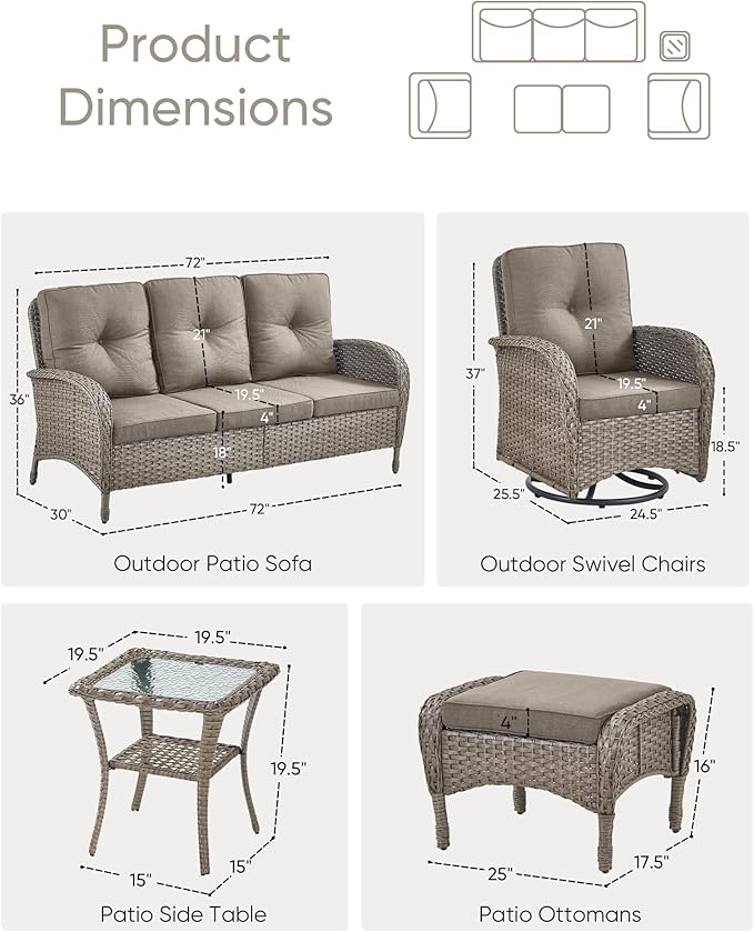 HUMMUH 6 Pieces Outdoor Patio Furniture-PE Rattan Wicker Sofa with Patio Swivel Rocking Chairs Patio Furniture for Deck Lawn Porch Balcony Poolside-Grey/Grey