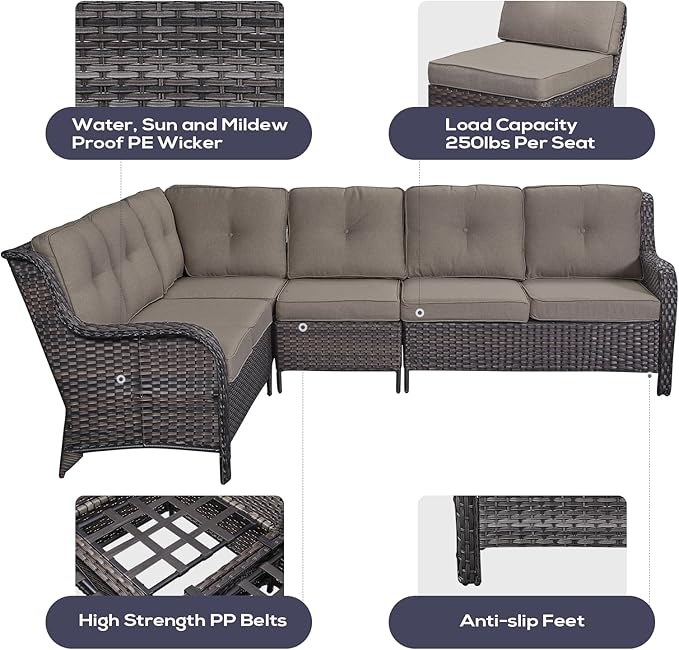 Belord Outdoor Furniture Sectional Sofa L Shaped Couch - Patio Wicker Set with 2 Swivel Glider Chairs, 5 Piece Rattan Patio Conversation Sets with Gray Cushion for Deck Backyard Sunroom
