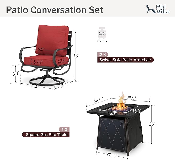 PHI VILLA 5 Piece Patio Furniture Set with 28" Firepit Table, 4 Outdoor 5.75" Cushioned Metal Frame Swivel Sofa Chairs & 28" Gas Firepit Table, Outside Furniture Set for Lawn Garden(Red)