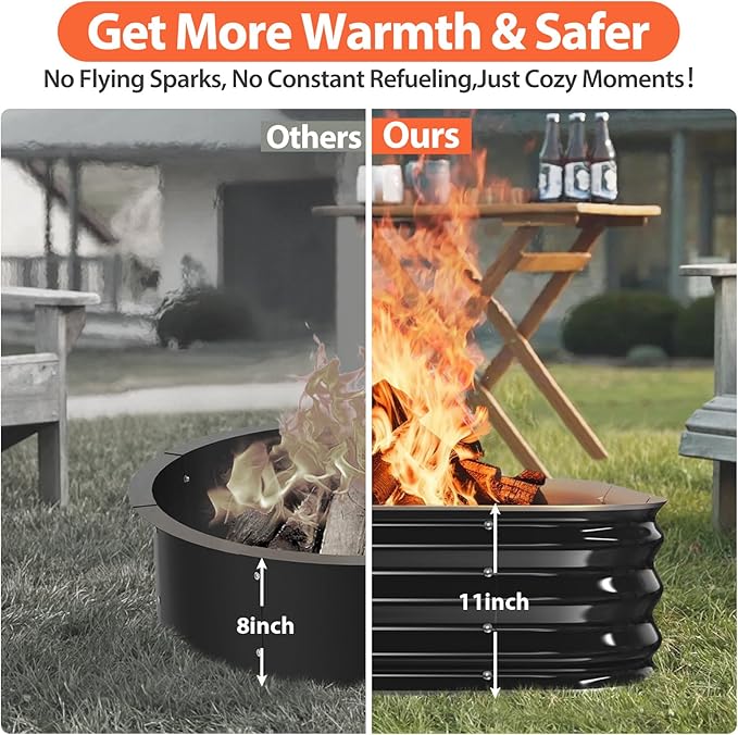 Fire Pit Ring,36in Heavy Duty Square Firepit for Outside,11'' Tall Galvanized Steel Wood Burning Bonfire Pits,Portable Outdoor Fireplaces for Backyard,Camping,Patio,Beach