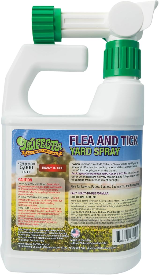 Trifecta Flea and Tick Ready to Use Outdoor Spray for Yards | All Natural Flea and Tick Prevention for Yards with Essential Oils | Pet and Family Safe | Hose-End Sprayer for up to 5,000 Sq Ft