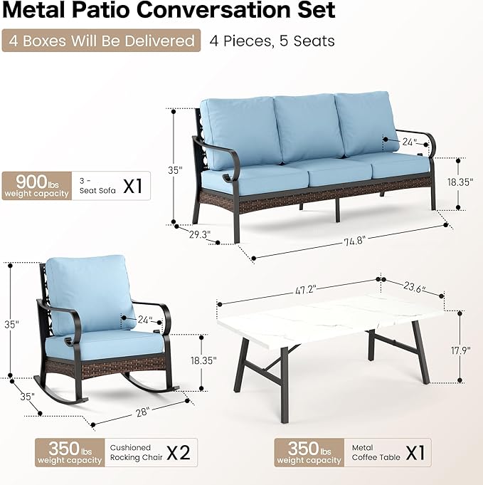 SUNSHINE VALLEY 4 PCS Metal Outdoor Patio Furniture Set, Patio Conversation Sets 1 3-Seater Sofa, 2 Rocking Chairs with 5.75" Extra Thick Cushion & Coffee Table, Black Frame Backyard Furniture, Blue