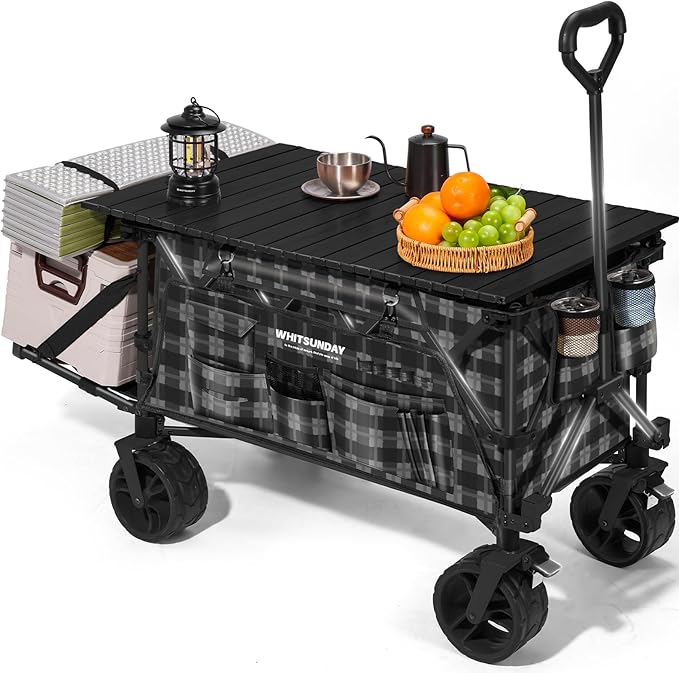 Whitsunday Collapsible Folding Wagon with Table, Heavy Duty Utility Beach Wagons with All-Terrain Wheels for Camping,Garden,Sports Black