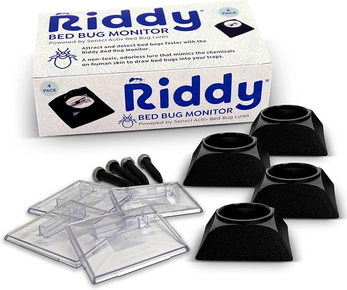 Riddy Bed Bug Detection Kit, Bed Bug Trap and Lure for Early Detection and Monitoring, Safe for Mattress, for Home or Travel, 4 Pack (Includes 4 Traps and 4 Lures)