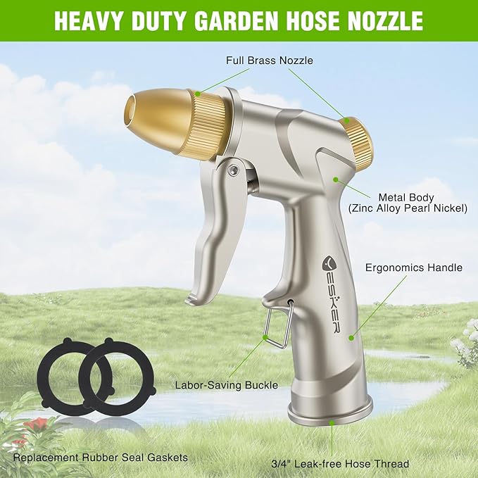Yesker Garden Hose Nozzle, Water Hose Sprayer Nozzle Adjustable 4 Spray Patterns Heavy Duty Handheld 100% Metal Brass Water Nozzles for Hose Outdoor Watering Plants Lawns Garden Washing Cars Pets Home