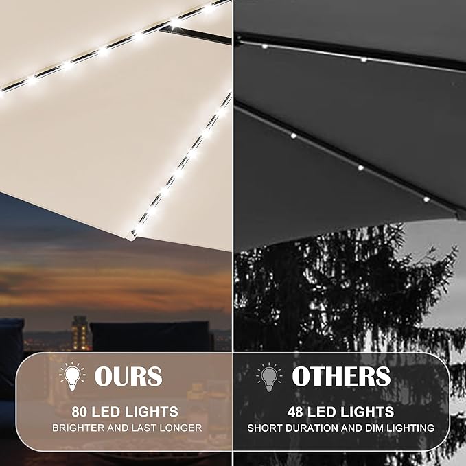 Sundale Outdoor Olefin 5-Year-Non-Fading Solar 80 LED 9 FT Solar Patio Umbrella with Sand Bag Base, Outdoor Umbrella with Tilt and Crank, Tan