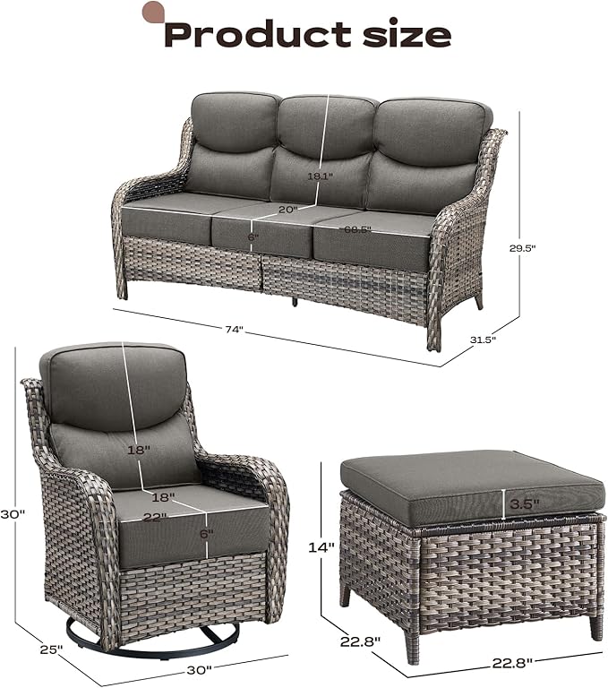 Rilyson Wicker Outdoor Patio Furniture Set - 5 Piece Patio Conversation Sets with Swivel Rocker Chairs, Ottomans and Sofa, 6 inch Cushions, Waterproof Wicker, for Porch Deck Mixed Grey/Grey