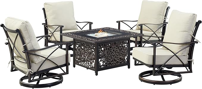 Oakland Living Black Aluminum Patio Fire Table Set with Four Club Chairs