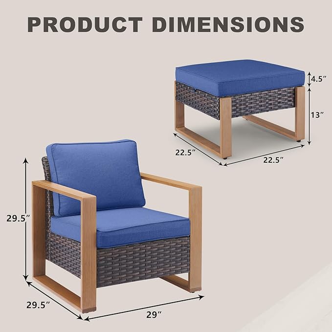 Rilyson Outdoor Wicker Patio Furniture Set - 4 Piece Patio Conversation Set with 2 Wicker Armrest Chairs,2 Rattan Ottoman, Sturdy Frame, Thick Cushions, Deep Seating(Brown/Blue)