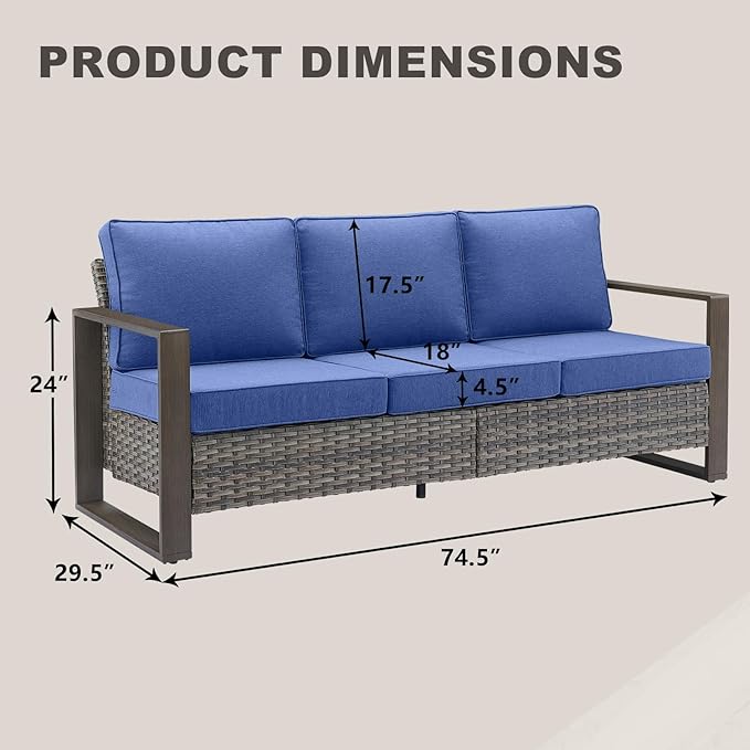 Rilyson Outdoor Couch Wicker Patio Sofa, Rattan Patio Furniture Sofa with Sturdy Frame,All-Weather PE Wicker,Wide Armrest,Deep Seating and Thick Cushions for Deck Porch Garden(Mixed Grey/Blue)