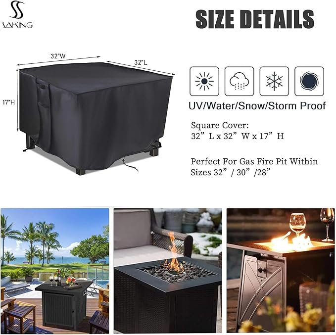Saking Fire Pit Cover,32 inch Square Firepit Covers, Gas Fireplace Fire Pit Table Cover for Propane Fire Pit - 32 x 32 x 17 inch