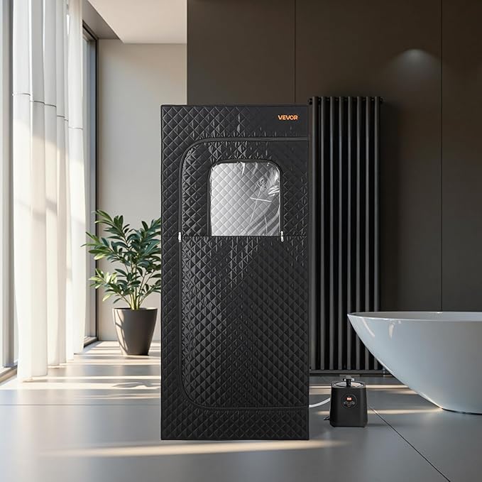 VEVOR Upgraded Portable Steam Sauna for Home, 1 Person Full Body Home Spa Tent with Steamer & 1 Foldable Chairs & Remote & Essential Oil Box,Heavy-Duty Stainless Steel Frame Sauna Box, (Black)