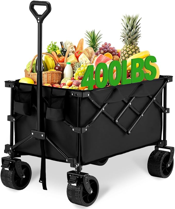 Bezseller Collapsible Wagon 400 lbs, Wagons Carts Foldable, Beach Carts with Big Wheels for Sand, Utility Grocery Shopping Cart for Grocery, Sports, Garden, Shopping and Camping, Black