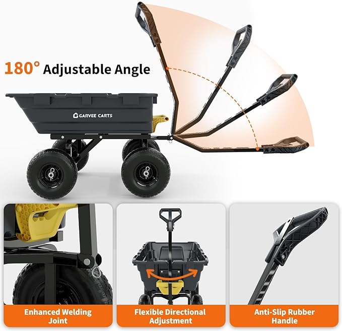 GarveeLife 1400lbs 7Cu.Ft. Garden Dump Cart Tow Behind with 2-in-1 Convertible Handle and 13in All Terrain Wheels, Heavy Duty Poly Pull Behind Yard Dump Wagon ATV Trailer for Lawn Mower Tractor