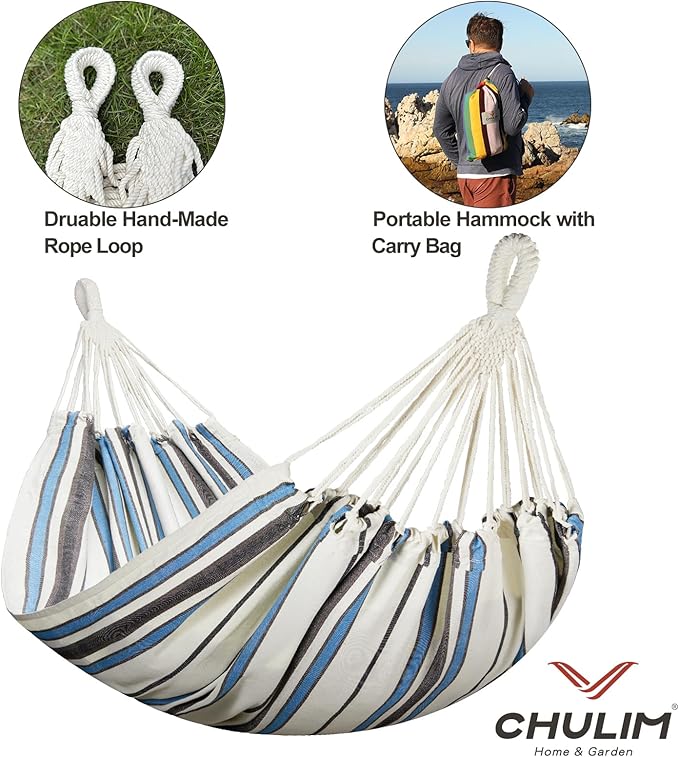 CHULIM Brazilian Double Hammock with Tree Straps,Extra Large 94x63IN,2 Persons Hammock for Backyard Patio Outdoor and Indoor,450lbs Weight Capacity,Soft Woven Cotton Fabric - Blue Stripe