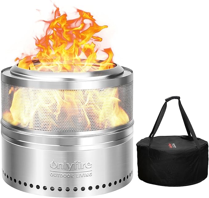 ONLYFIRE OUTDOOR LIVING Wood Burning Fire Pit with Carrying Bag, 19.5” Detachable Portable Firepit for Camping Tailgating Patio Backyard Bonfire, Perforated Smokeless Fireplace, Stainless Steel FP037