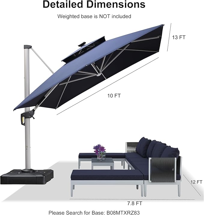 PURPLE LEAF 10' X 13' Double Top Deluxe Solar Powered LED Rectangle Patio Umbrella Offset Hanging Umbrella Outdoor Cantilever Umbrella, Navy Blue