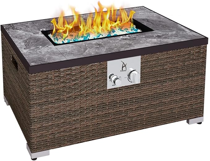 32'' Propane Fire Pit Table, Marble Textured Ceramic Tabletop, 50,000 BTU Fire Table with Brown Wicker, Mix Color Glass Rocks, Lid&Cover, Rectangle, Tank Required to Be Kept Outside.