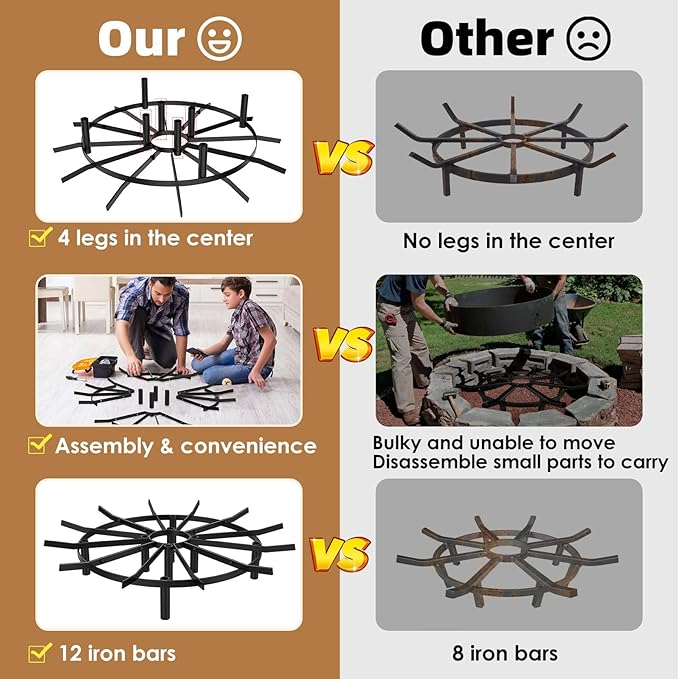 24in Heavy Duty Fire Pit Grate Round, Decorative Wood-Burning Lift Grate Pit, Heat-Resistant,Heavy Duty Firepit Grate for Outdoor Campfires, Fireplace Woodstoves and Outdoor Camping Firepits