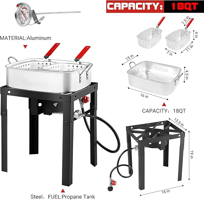 Propane Deep Fryer with 18Qt Square Deep Fryer Pot – High Grade Strainer Basket Aluminum Pot for Fish Fry, Seafood Pot – Propane Burners for Outdoor Cooking Include Thermometer-OT18-2