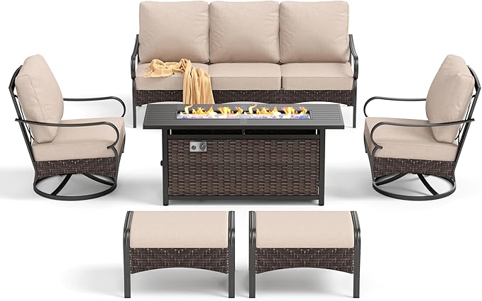 Patio Furniture Set with 56" Fire Pit Table, Premium Outdoor Wicker Metal Frame Furniture with Upgraded Waterproof Thick Cushions for Porch, Poolside, Deck, and Yard （8 Pieces,Beige）