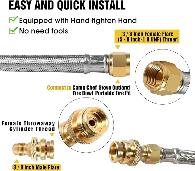 24FT Quick Connect Propane Hose for RV, 1/4'' Quick Disconnect Connect for RV to Gas Grill, Safety Shutoff Valve, Compatible with 1 LB Portable Appliance to RV 1/4" Female Quick Disconnect
