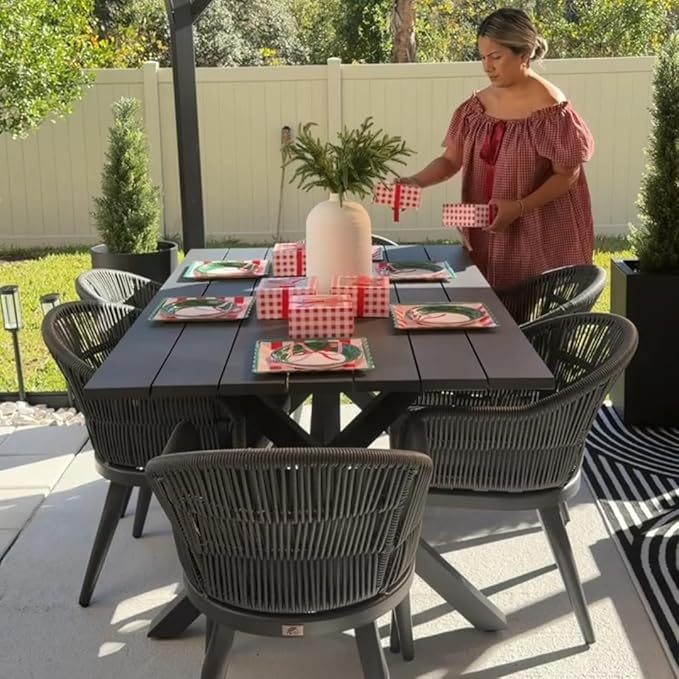 PURPLE LEAF 7 Pieces Patio Dining Set with Outdoor Aluminium Dining Table and Woven Rattan Chairs Modern Metal Furniture Cushions Sets for Garden Yard Indoor Decor Kitchen Grey