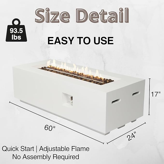 60" MGO Propane Fire Pit Table, 60,000 BTU Rectangular Gas Fire Pit for Outside Patio, Backyard, Pool, Free Lava Rocks & Rain Cover, White
