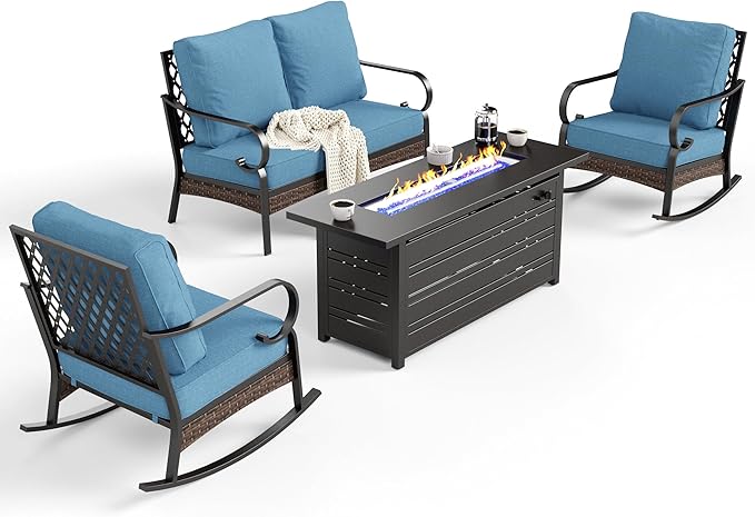 SUNSHINE VALLEY 4 Piece Metal Outdoor Patio Furniture Sets with Firepit Table, Patio Conversation Sets 1 2-Seater Sofa, 2 Rocking Sofa with 5.75" Cushion Black Backyard Furniture for Deck, Denim Blue