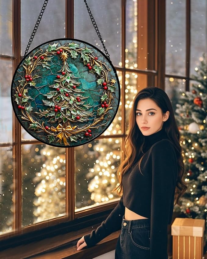 DASTOLL Stained Glass Window Hangings - Red Gold Green Wreath Suncatcher for Door Home Christmas Tree Decoration Sun Catcher Thanksgiving New Year Birthday Gift for Women Men Mom Grandma 15 in