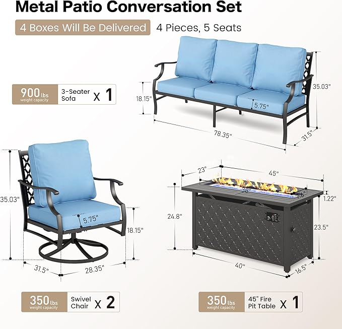 SUNSHINE VALLEY 4 Piece Metal Outdoor Patio Furniture Sets with 5000 BTU Firepit Table, Patio Conversation Sets 1 3-seater Sofa, 2 Swivel Chair with 5.75" Thick Cushion, Black Backyard Furniture, Blue