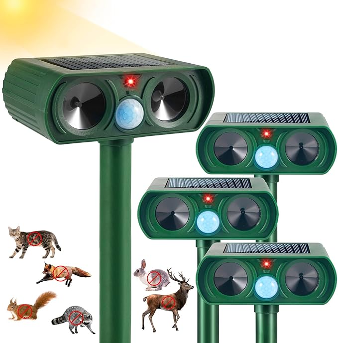 4 Pack Ultrasonic Animal Repeller Outdoor Cat Repellent Solar Deer Repellent Devices Waterproof, Motion Activated Animal Deterrent Devices to Scare Cat Squirrel Rabbit Raccoon Skunk for Yard Garden