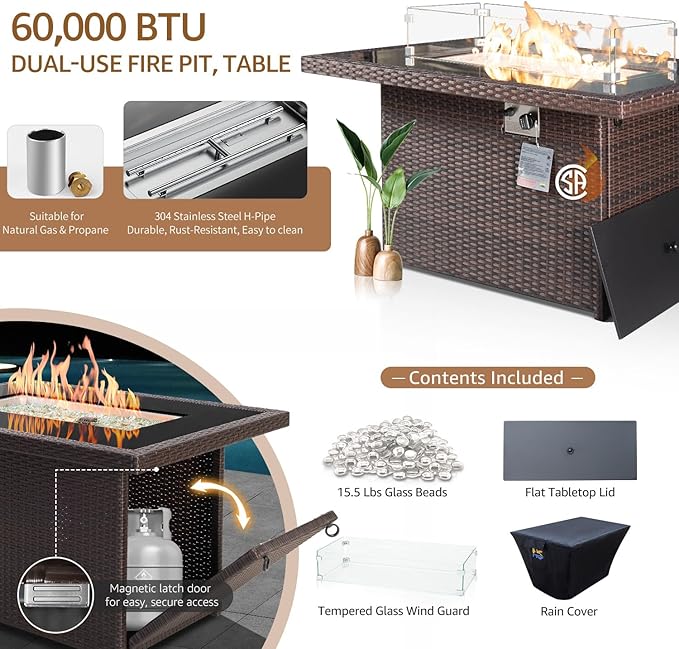 NICESOUL Wicker Outdoor Fire Pit Table Natural Gas/Propane, 43'' Rectangular Firepit Table for Outside, 60000 BTU Patio Fireplace Tables with Windguard&Glass Rocks&Cover, Modern CSA Firepits, Brown