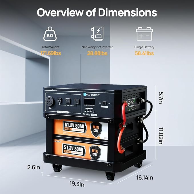 ECO-WORTHY SL3500 Stackable Power Station Solar Inverter AC 3500W Output,5120Wh LiFePO4 Battery with BMS,Movable Portable Stand with Expandable Tiers for Home Backup,Emergency,Solar System Components