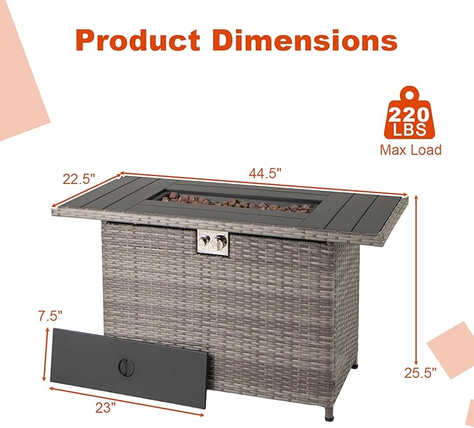 Tangkula 44.5 Inch Propane Fire Pit Table, Outdoor Rattan Gas Firepit with Metal Slatted Tabletop & Stainless Steel Burner, Rectangle Fire Pit with Lava Rocks & Protective Cover for Outside Patio