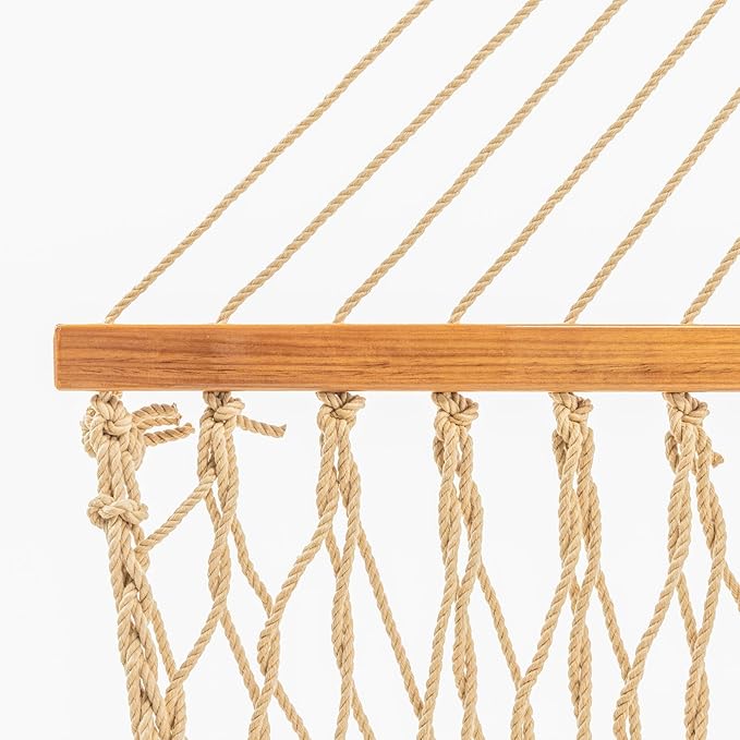 Original Pawleys Island Deluxe Tan DuraCord Rope Hammock – 13 ft. x 65 in, 2-Person, 450 lb Capacity, Oak Spreader Bar, Zinc-Plated Hardware, Handcrafted in The USA